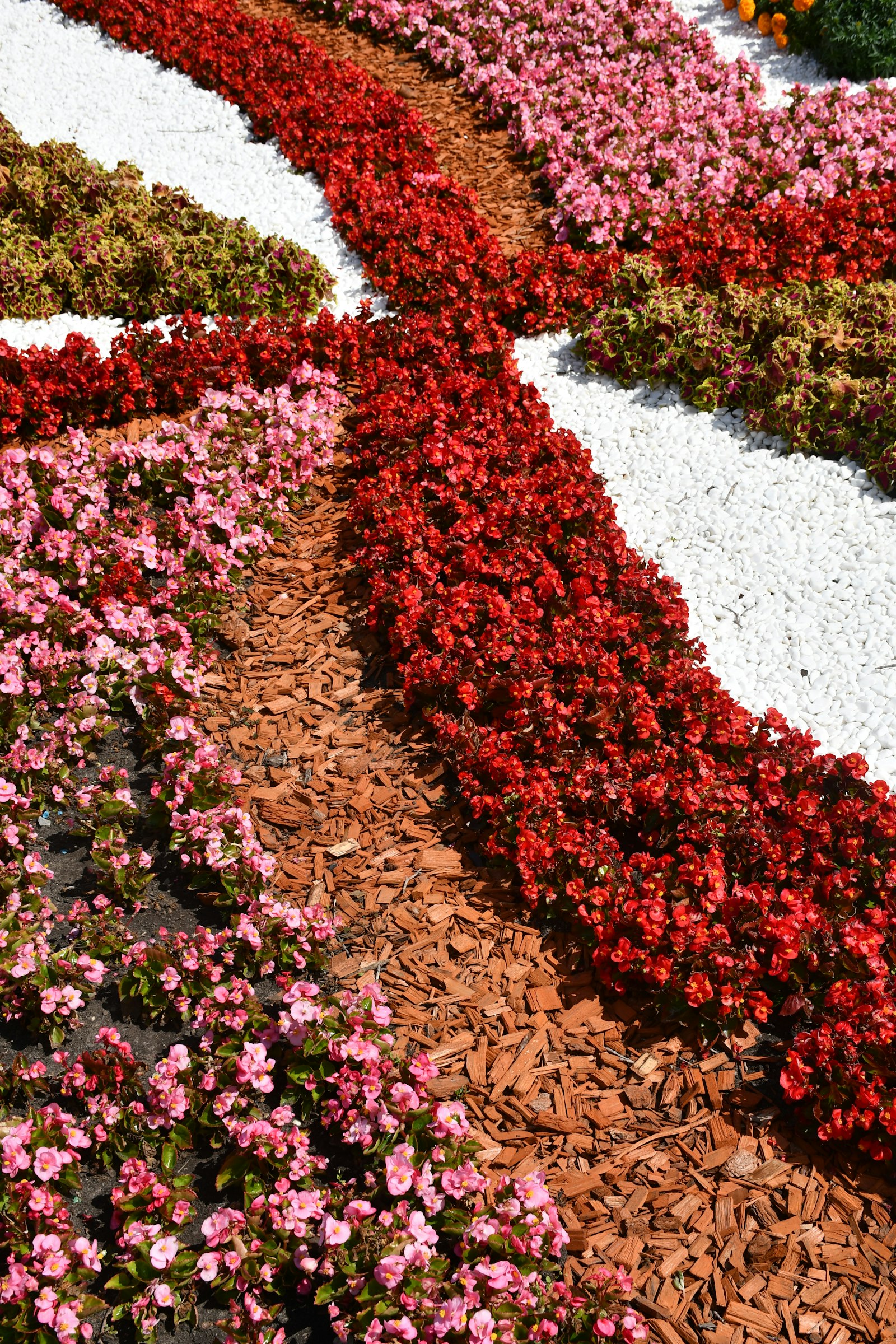 Residential landscaping beds with wood mulch, white decorative gravel, and flowering plant rows